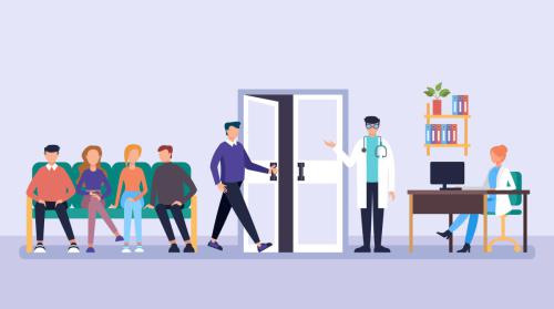 Patients people waiting for doctor in line. Doctor office medicine aid clinic concept. Vector flat cartoon graphic design illustration
